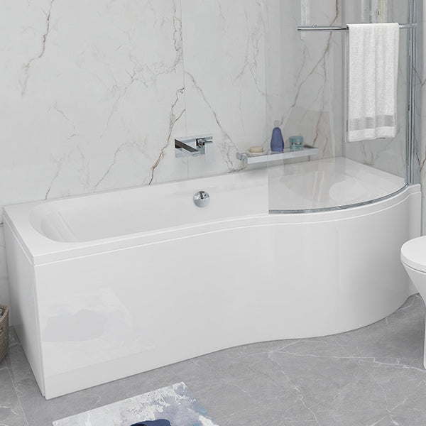 Tuskan Tiles IMEX Ronda Cast P-Shaped Shower Bath with Leg Set, un-drilled, shown with smooth white surface and sturdy construction.