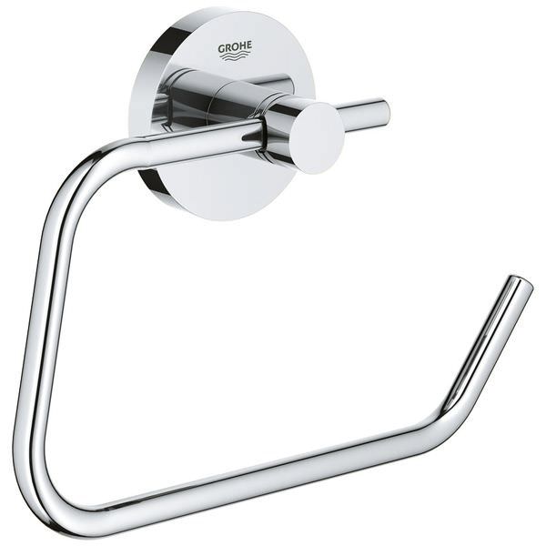 Chrome Grohe Essentials Contemporary Curved Toilet Roll Holder mounted on bathroom wall with sleek chrome finish