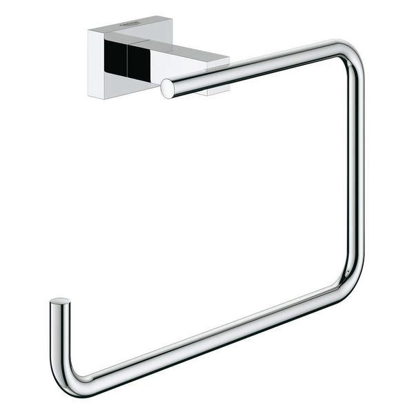 Chrome Grohe Essentials Cube towel ring mounted on a bathroom wall, showcasing sleek, modern design and polished finish.