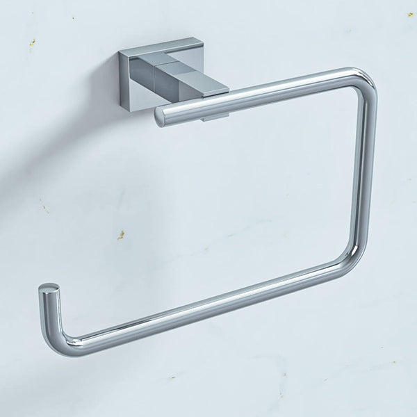 Chrome Grohe Essentials Cube towel ring with modern square design for bathroom organization and style.