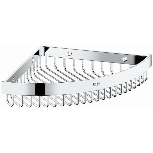 Chrome-plated Grohe Selection Cube wire corner basket, 283x42mm, for bathroom storage, shown in a modern corner setup.