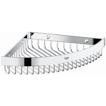 Chrome-plated Grohe Selection Cube wire corner basket, 283x42mm, for bathroom storage, shown in a modern corner setup.