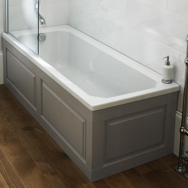 White acrylic Nuie Ascott double-ended bath measuring 1800x800mm, shown in a clean, modern bathroom setting.