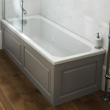 White acrylic Nuie Ascott double-ended bath measuring 1800x800mm, shown in a clean, modern bathroom setting.