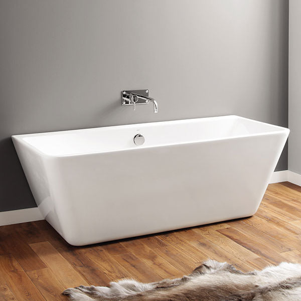 April Eppleby white freestanding back-to-wall bath by Tuskan Tiles, contemporary design, 1700 x 750mm, shown from side view.