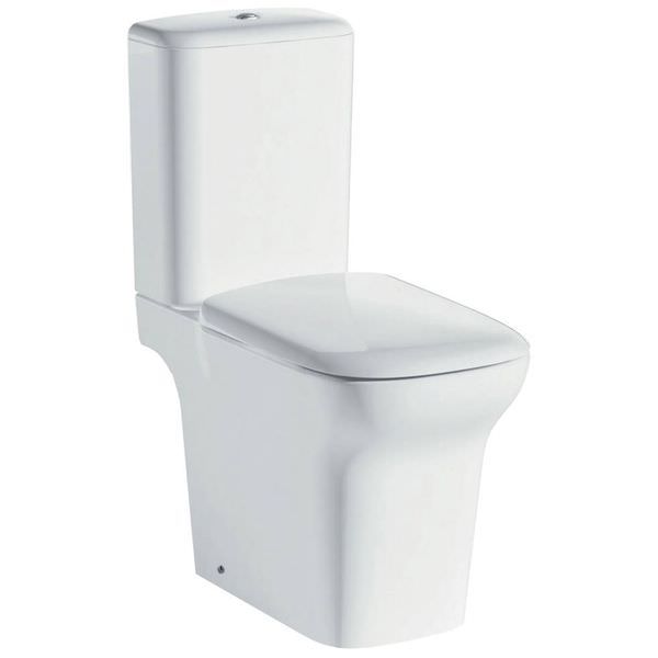 White IMEX Grace rimless comfort height toilet with cistern and soft close seat, open-back design, 360x650mm size.