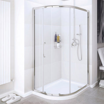 Lakes Classic sliding offset quadrant shower enclosure with aluminium frame and reversible design, designed for modern bathrooms.