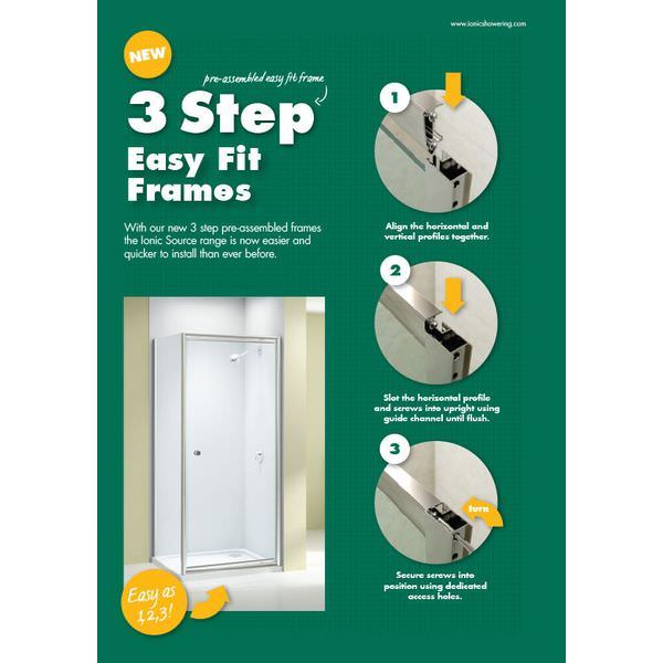 Merlyn Ionic Source sliding quadrant shower enclosure with two doors and chrome frame, 1850mm height.