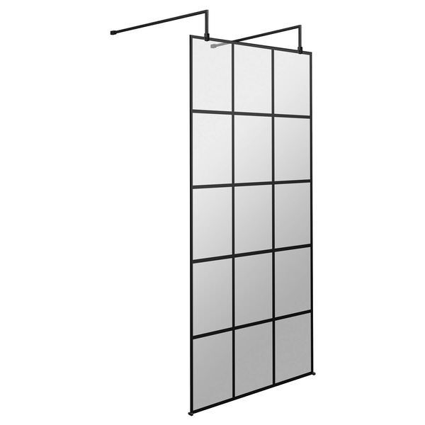 Hudson Reed Black Grid Wetroom Shower Screen with Support Arms - Aluminium Frame
