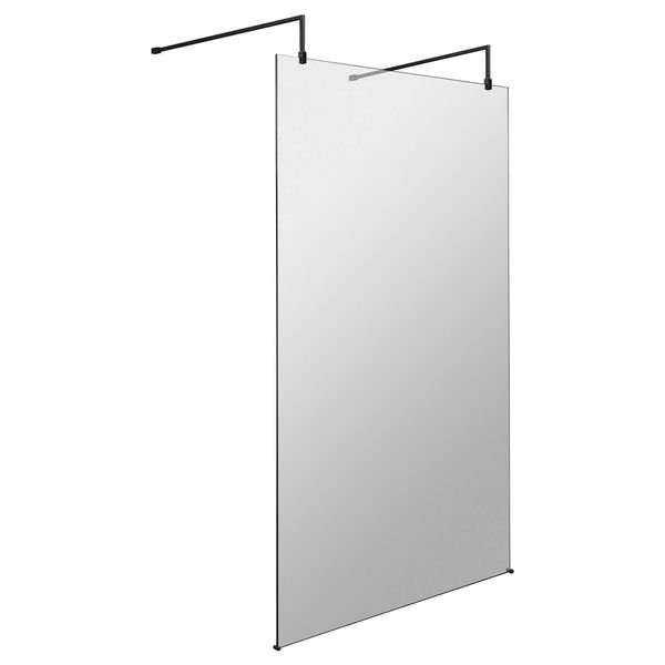 Hudson Reed frameless wetroom shower screen with black support arms and feet, 1950mm high, sleek and modern design.