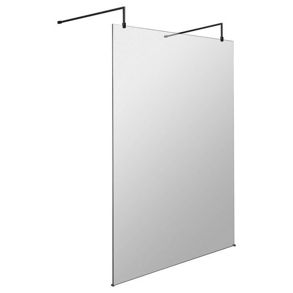 Hudson Reed frameless wetroom shower screen with black support arms and feet, 1950mm high, installed in modern bathroom setting