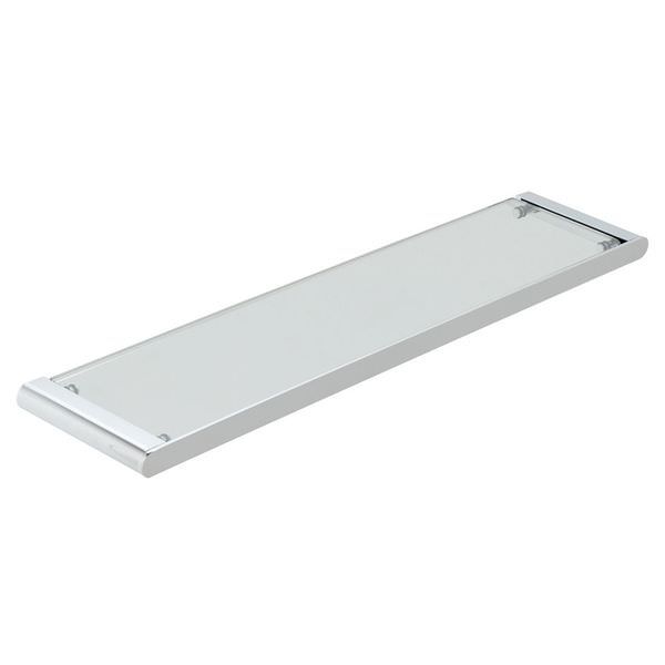 Vado Photon 573mm clear glass shelf mounted on wall, showcasing sleek transparent design for modern bathroom or living space.