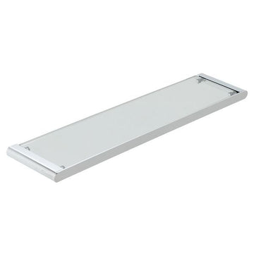 Vado Photon 573mm clear glass shelf mounted on wall, showcasing sleek transparent design for modern bathroom or living space.