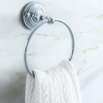 Chrome Hudson Reed traditional towel ring with classic design, mounted on a bathroom wall for convenient towel hanging.