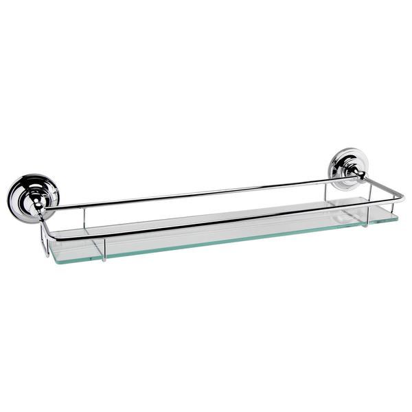 Traditional glass shelf with chrome holder by Hudson Reed, mounted on a bathroom wall with visible hardware and clear glass shelf.