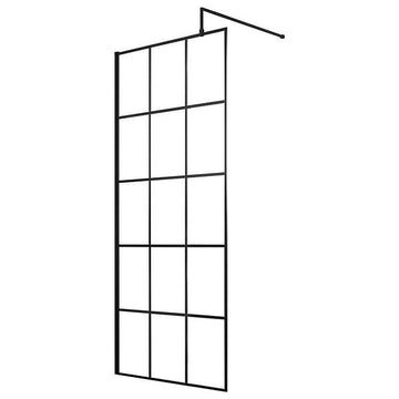 Hudson Reed black grid wetroom shower screen with aluminium frame and support bar, walk-in design, sleek modern bathroom fixture
