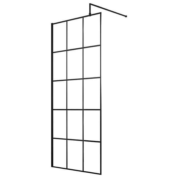 Hudson Reed black grid wetroom shower screen with aluminium frame and support bar, walk-in design, sleek modern bathroom fixture