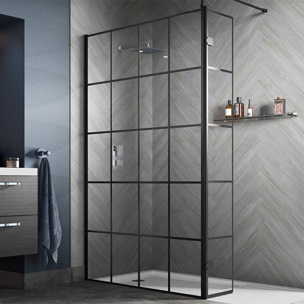 Hudson Reed black grid wetroom shower screen with aluminium frame and support bar, modern bathroom fixture.