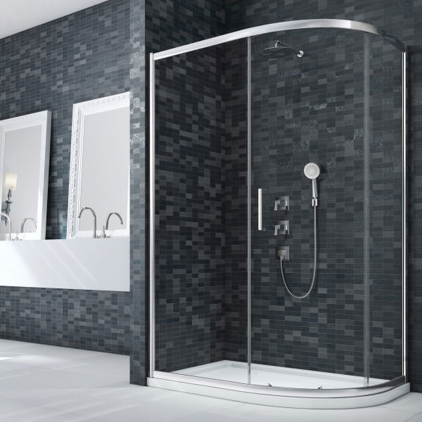 Merlyn Ionic Essence sliding offset quadrant shower enclosure with aluminium frame and 8mm glass, 1900mm high.