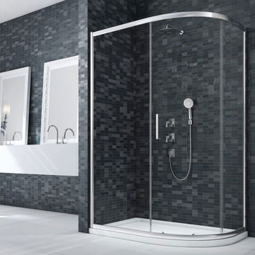 Merlyn Ionic Essence sliding offset quadrant shower enclosure with aluminium frame and 8mm glass, 1900mm high.