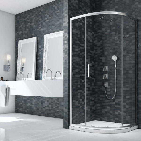 Merlyn Ionic Essence 900x900mm aluminum sliding door quadrant shower enclosure with 8mm glass, reversible design.