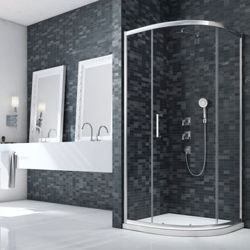 Merlyn Ionic Essence 900x900mm aluminum sliding door quadrant shower enclosure with 8mm glass, reversible design.
