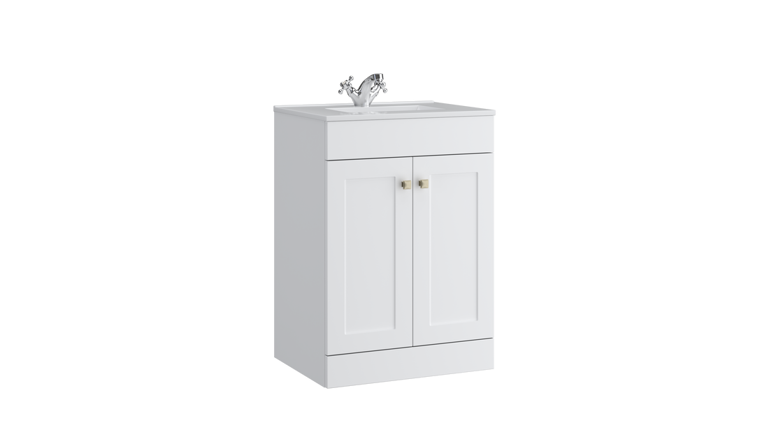 Sanctuary 600mm 2 Door Floor Standing Unit with Ceramic Basin – Matt White - Tuskan Tiles