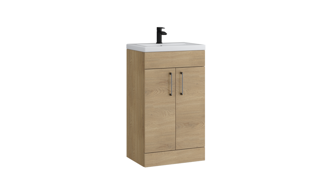 Dove 500mm 2 Door Floor Standing Unit with Ceramic Basin – Torro Oak - Tuskan Tiles
