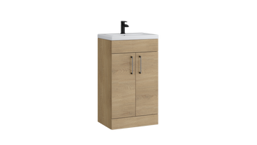 Dove 500mm 2 Door Floor Standing Unit with Ceramic Basin – Torro Oak - Tuskan Tiles