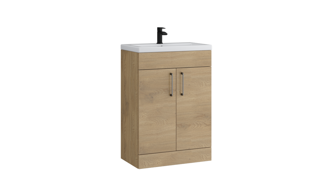 Dove 600mm 2 Door Slimline Unit with Ceramic Basin – Torro Oak - Tuskan Tiles