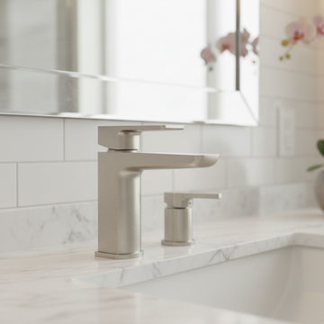 Stainless steel faucet on a white background