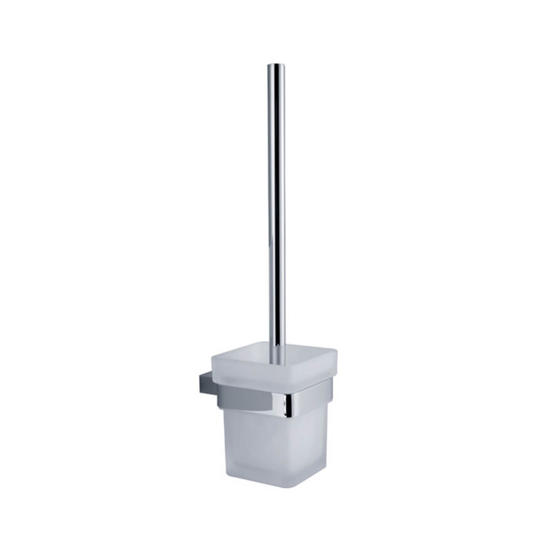 Chrome handle RAK Moon toilet brush with wall-mounted square holder, modern bathroom accessory by Tuskan Tiles.