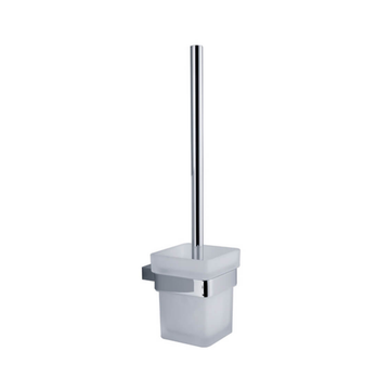 Chrome handle RAK Moon toilet brush with wall-mounted square holder, modern bathroom accessory by Tuskan Tiles.