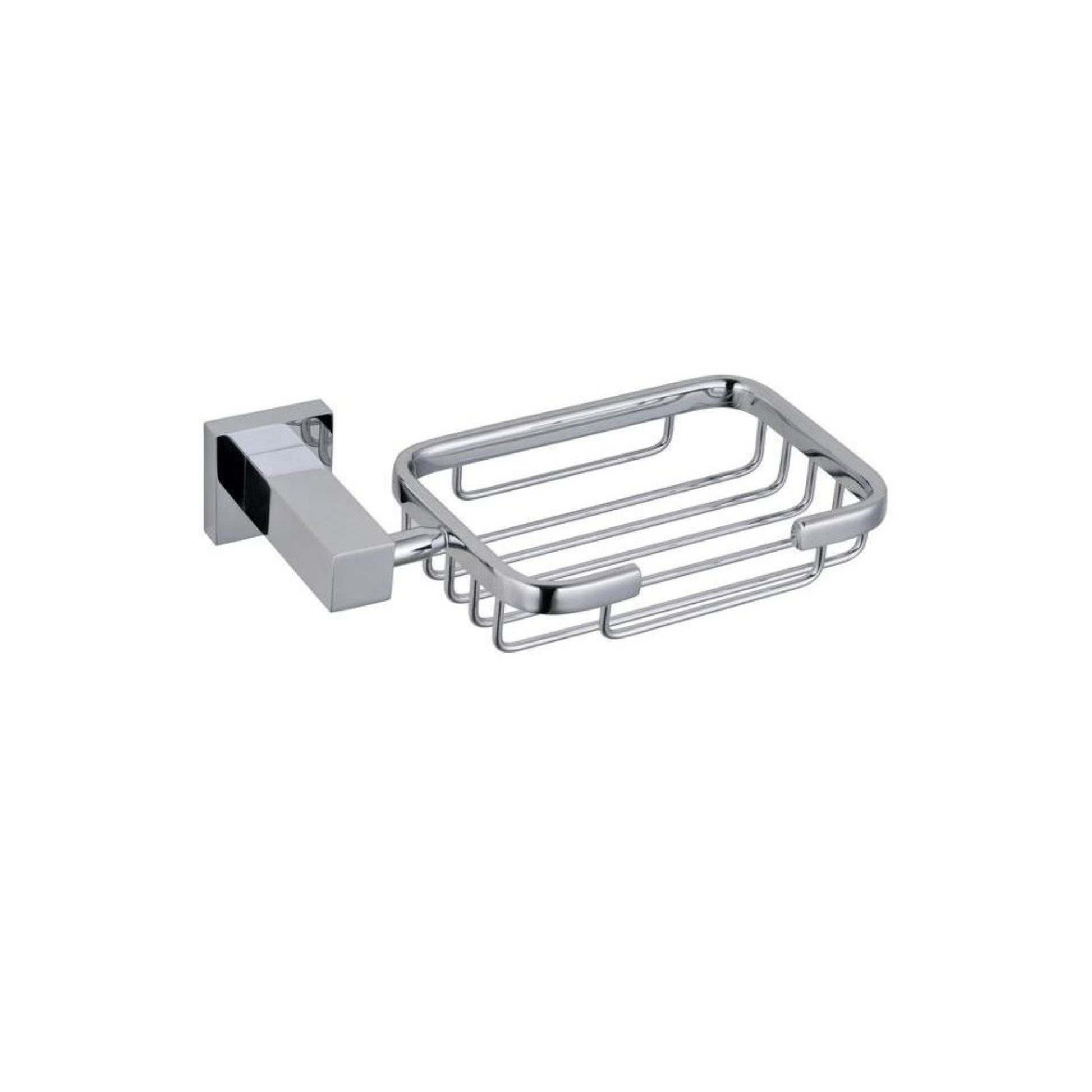 Contemporary Tuskan Tiles RAK Cubis wall-mounted wired soap basket in metallic finish, measuring 182x42x102mm.
