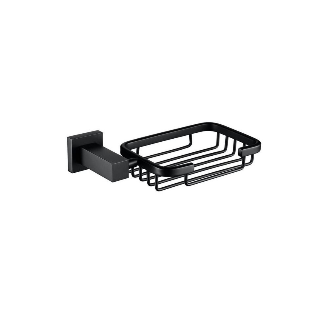 Contemporary Tuskan Tiles RAK Cubis wall-mounted wired soap basket in metallic finish, measuring 182x42x102mm.