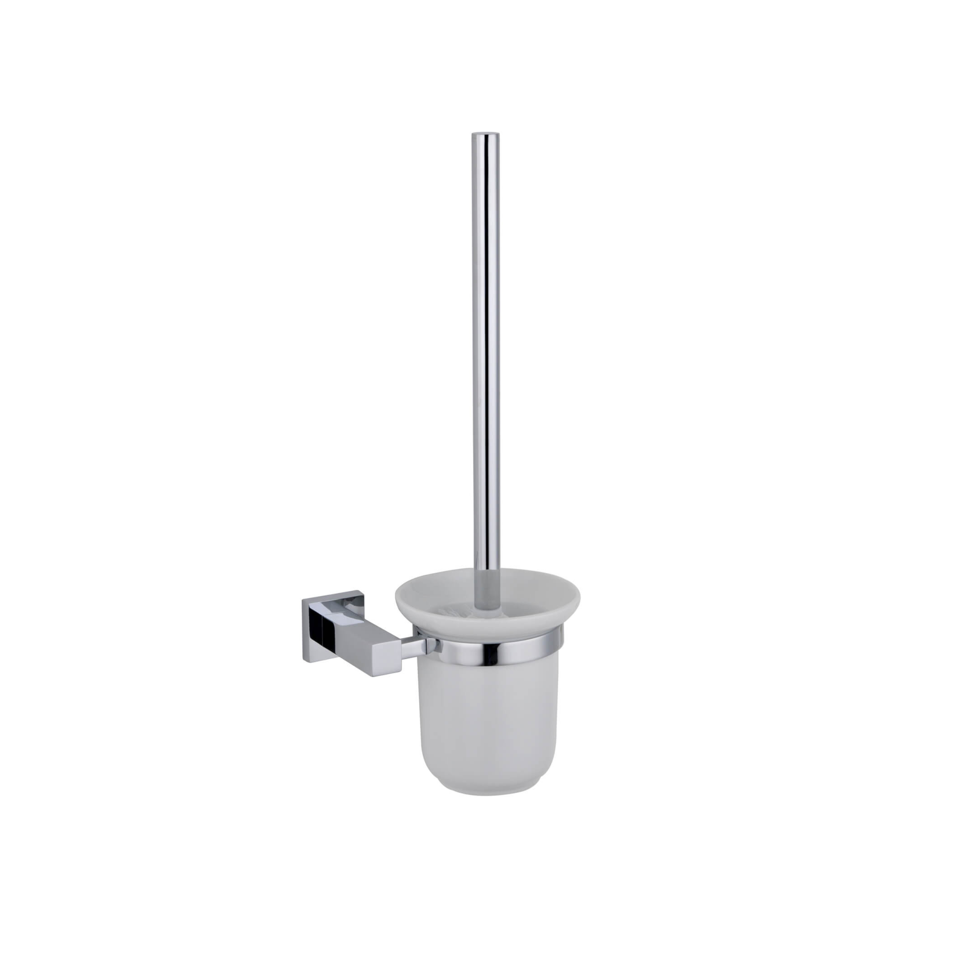 Wall-mounted RAK Cubis toilet brush holder by Tuskan Tiles, shown in sleek white with chrome accents, designed for bathroom convenience.