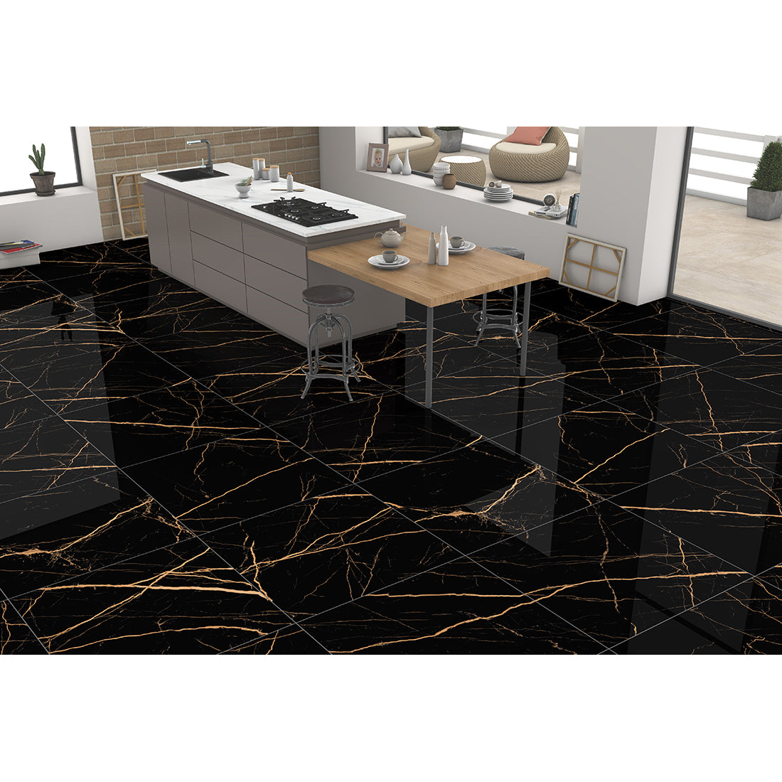 Atlantis Black 60x60 Gold Polished Porcelain Tile